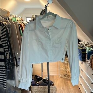 Blue Cuffed Sleeve Button Down Crop Top